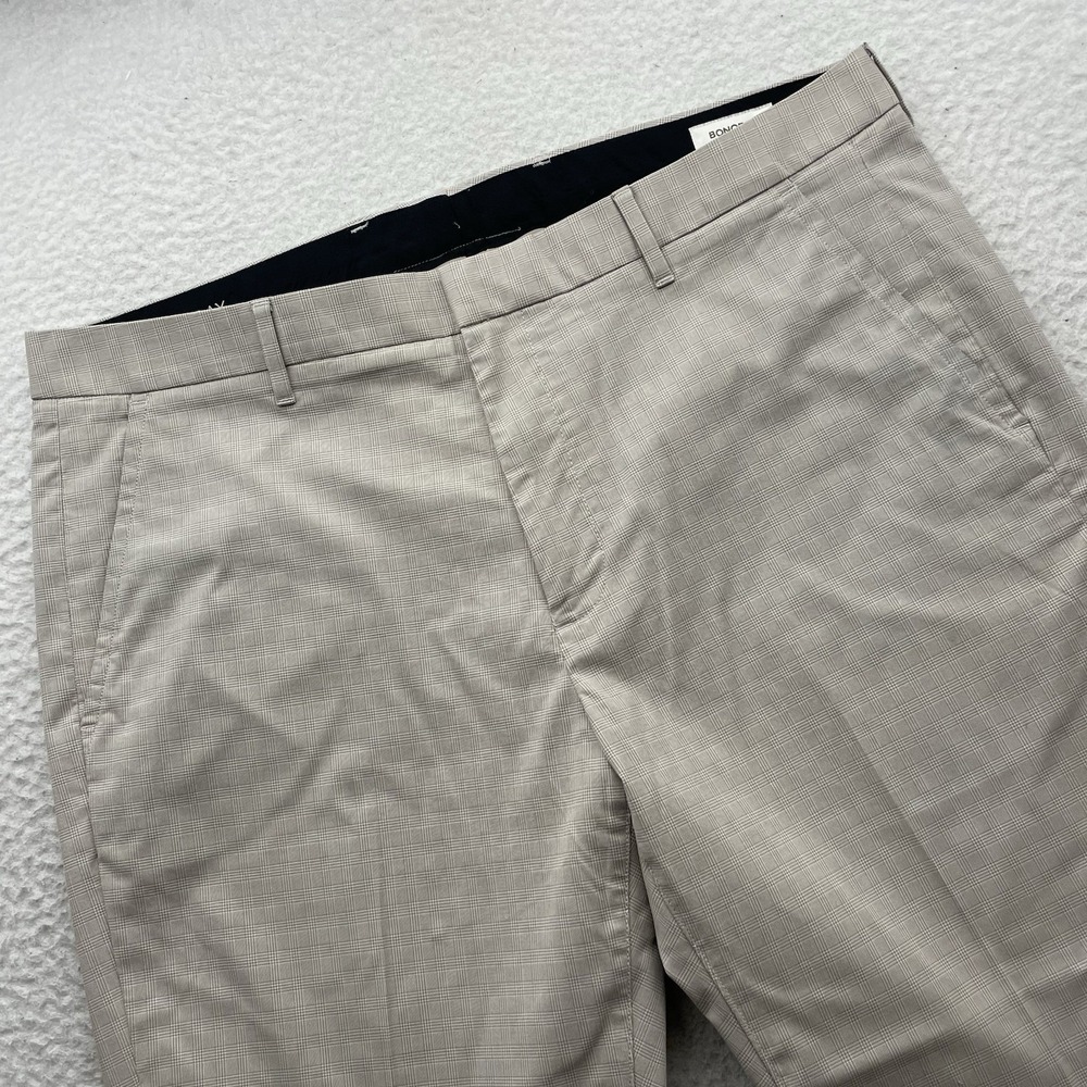 Bonobos Friday Pants Mens 39x26 (Tag 36x30) Beige Plaid Check Slim Fit Easy Care